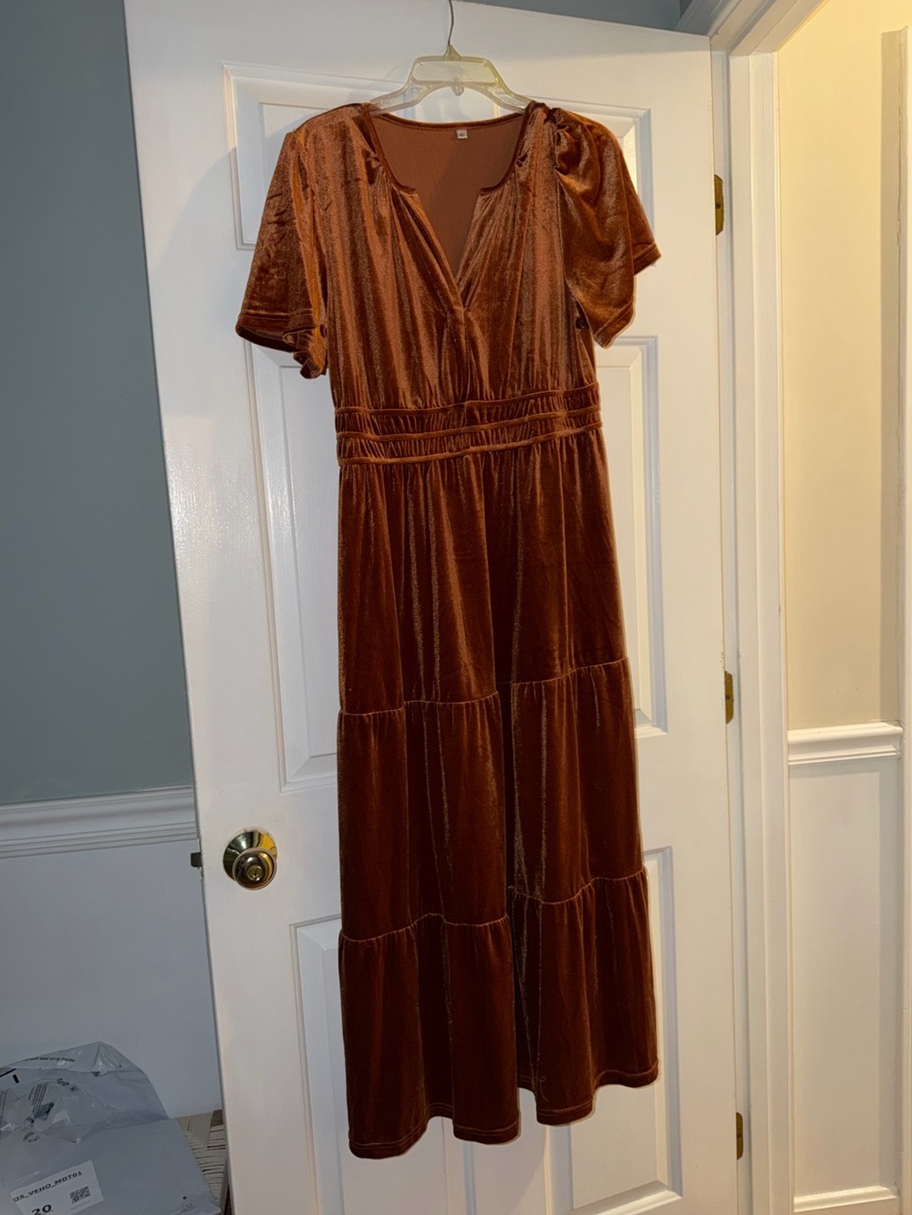 Women's Velvet Tiered Maxi Dress in Rust